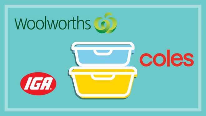 plastic containers with woolworths coles and iga logos